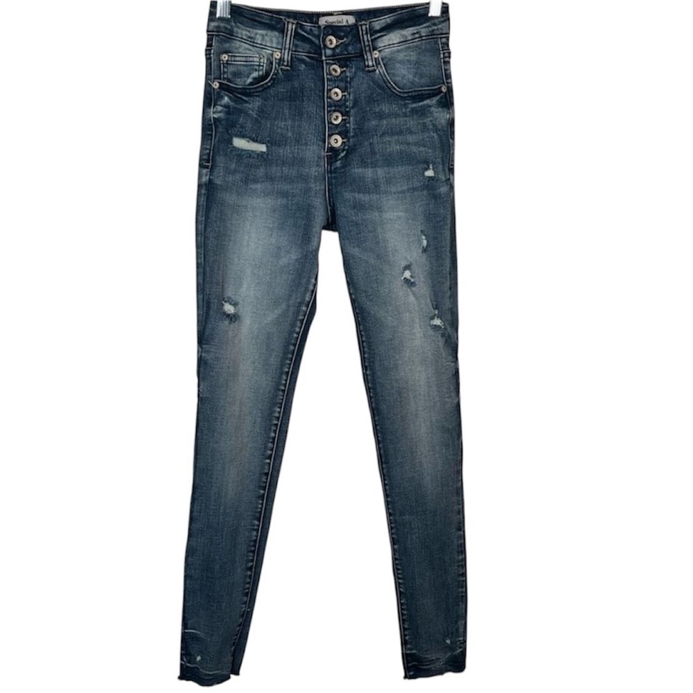 Special A Sz 1 High Rise Skinny Jeans Exposed Button Fly Distressed